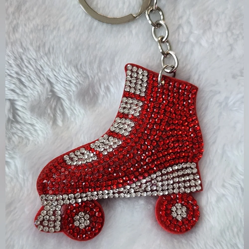 Red and Silver Sparkling Rhinestone Roller Skate Keychain Bag Charm